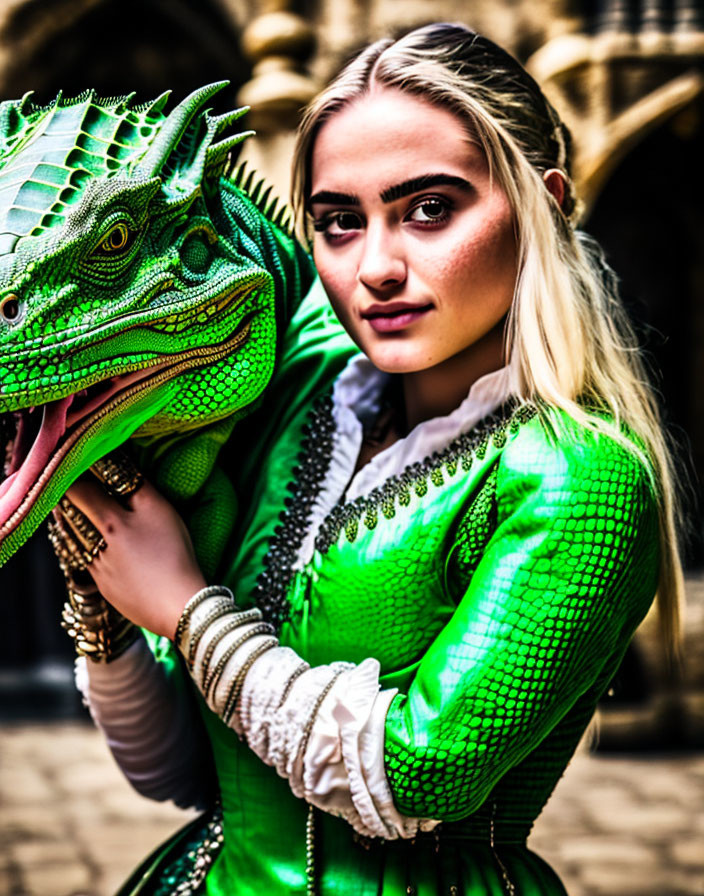 Vivid green outfit woman with realistic dragon model in historical setting