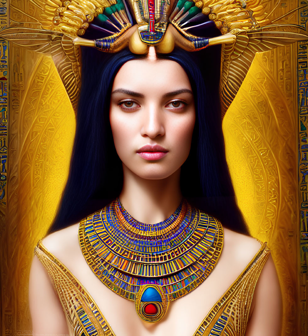 Digital portrait of woman styled as Egyptian pharaoh with headdress and ornate collar