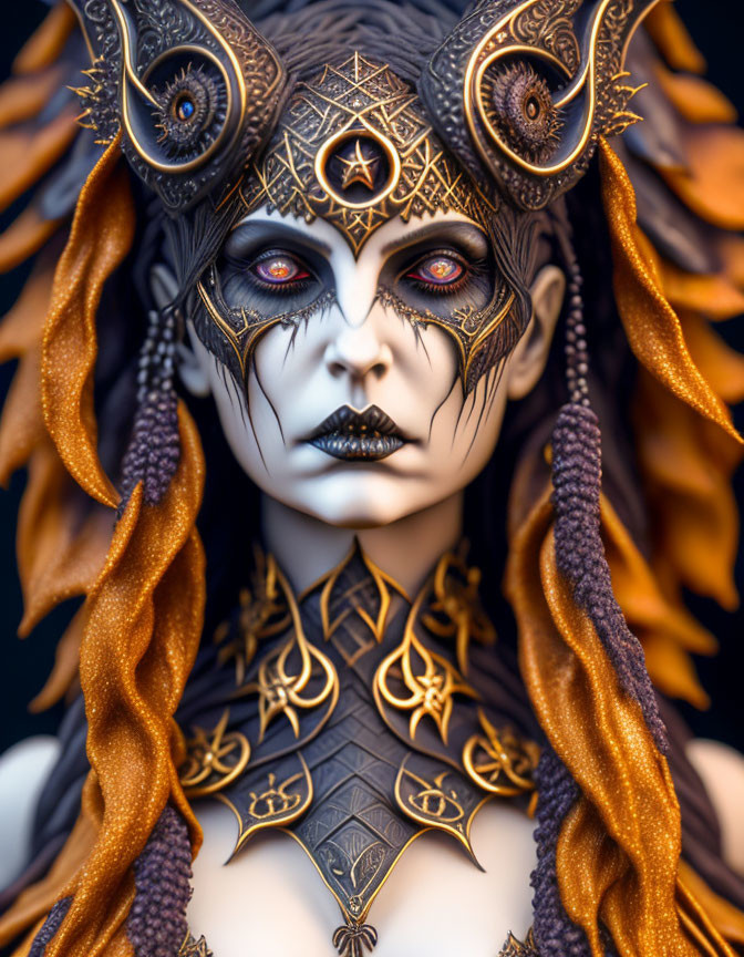 Fantasy character with ornate horns, dark eyes, elaborate markings, golden headdress, and armor