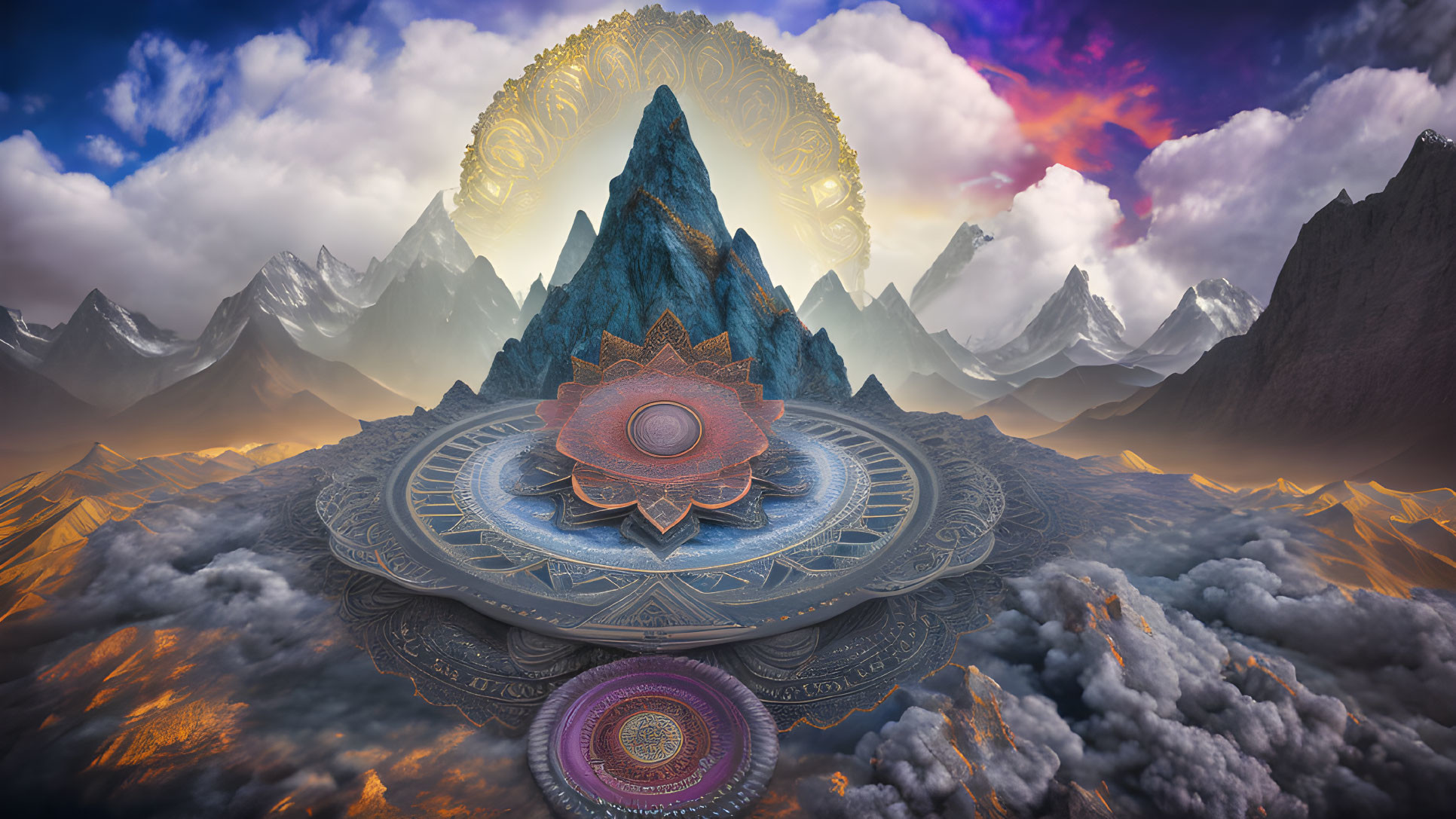 Majestic mountain peak in surreal landscape with swirling clouds and mystical mandala patterns