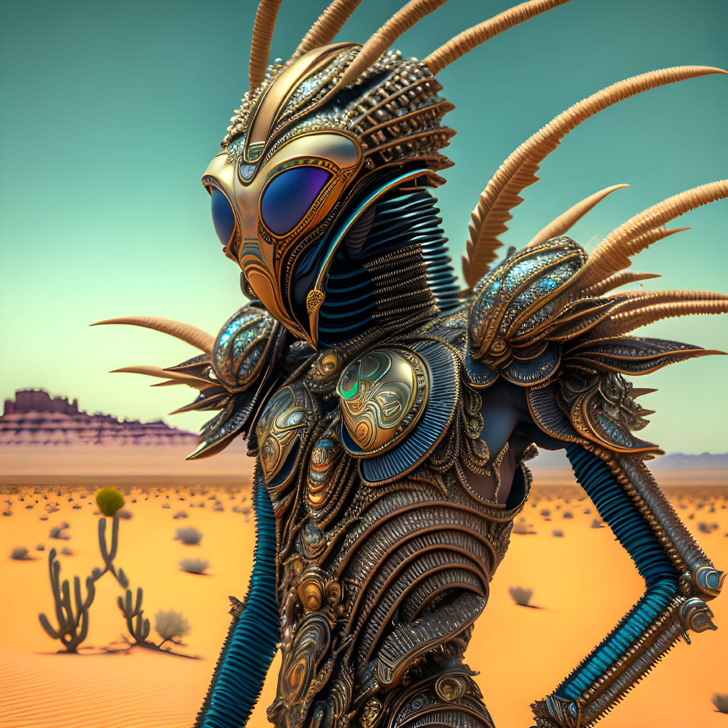 Intricate metallic robotic creature in desert landscape