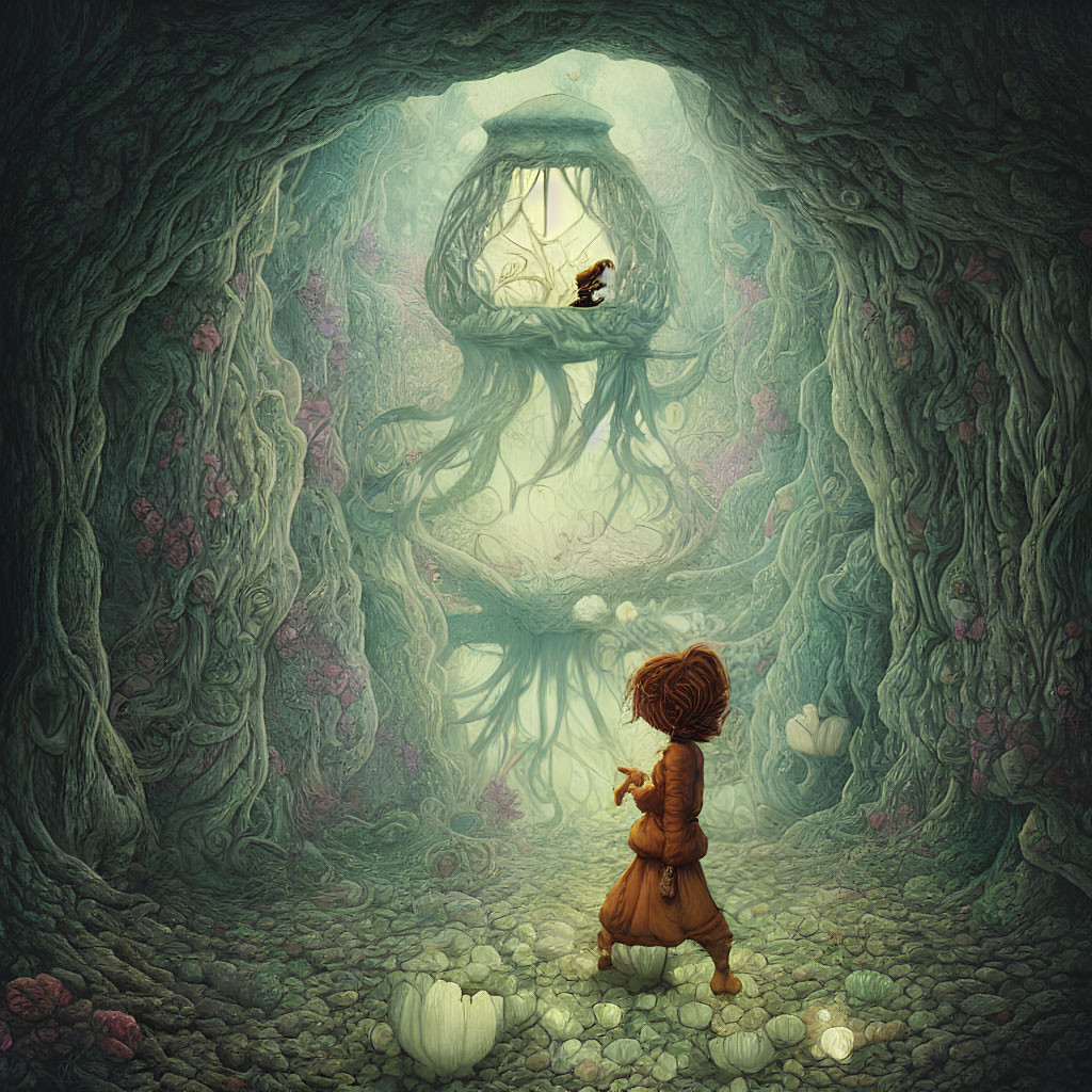 Child in brown outfit gazes at magical lantern in forest cave with tiny creature, roots, and water