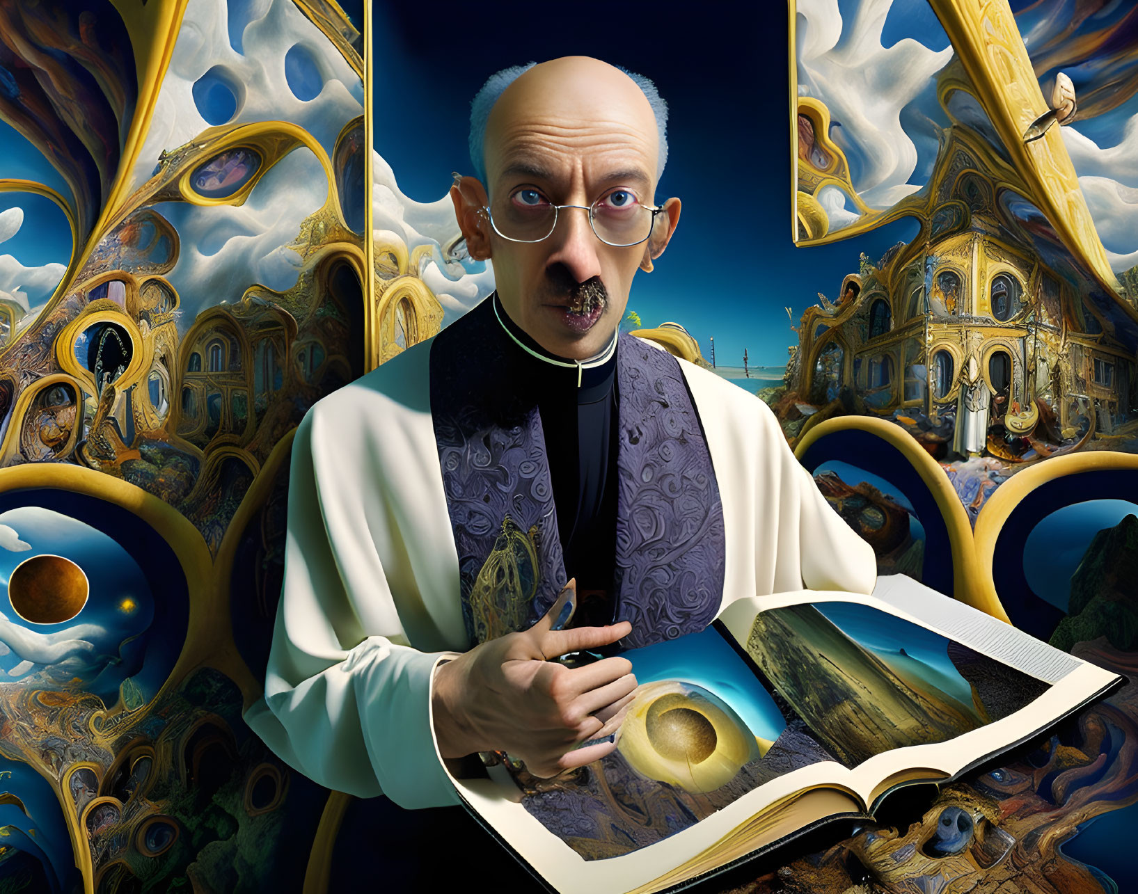 Surrealistic man with exaggerated features holding open book in Dalí-inspired scene