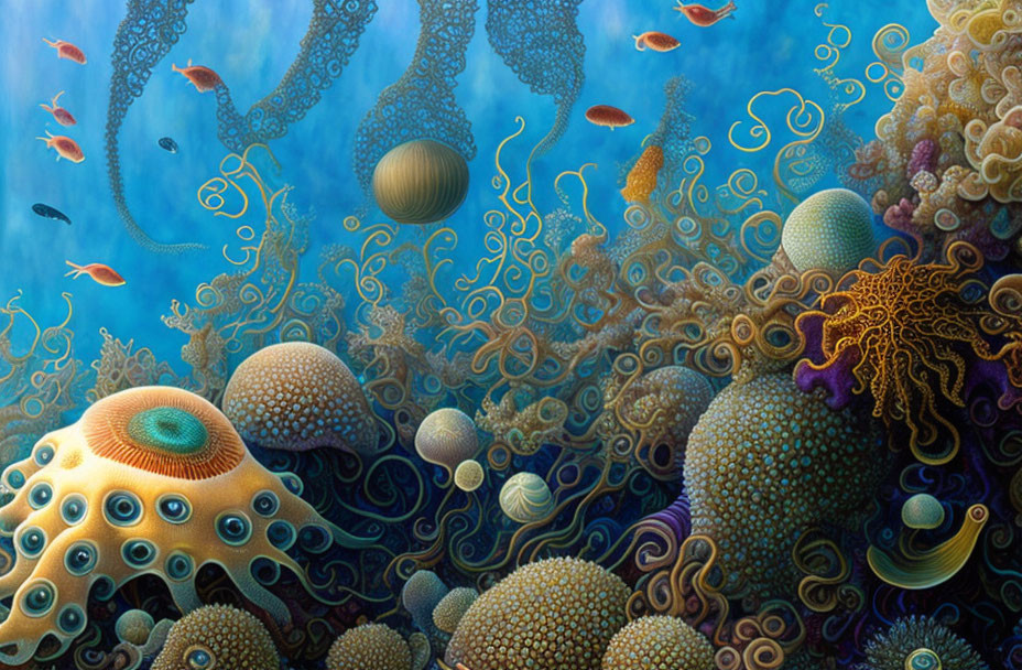 Colorful Underwater Scene with Coral-like Structures and Fish