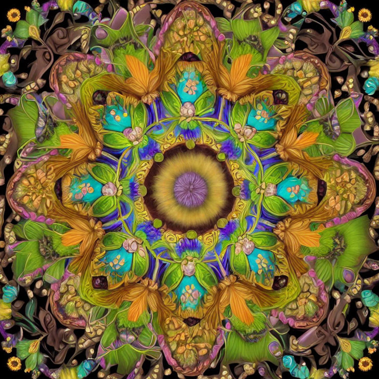 Symmetrical Kaleidoscopic Pattern with Floral Motifs in Rich Color Palette