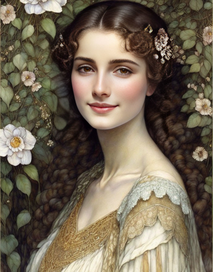 Young woman portrait with dark hair and floral adornments against lush greenery and white blooms, showcasing classical