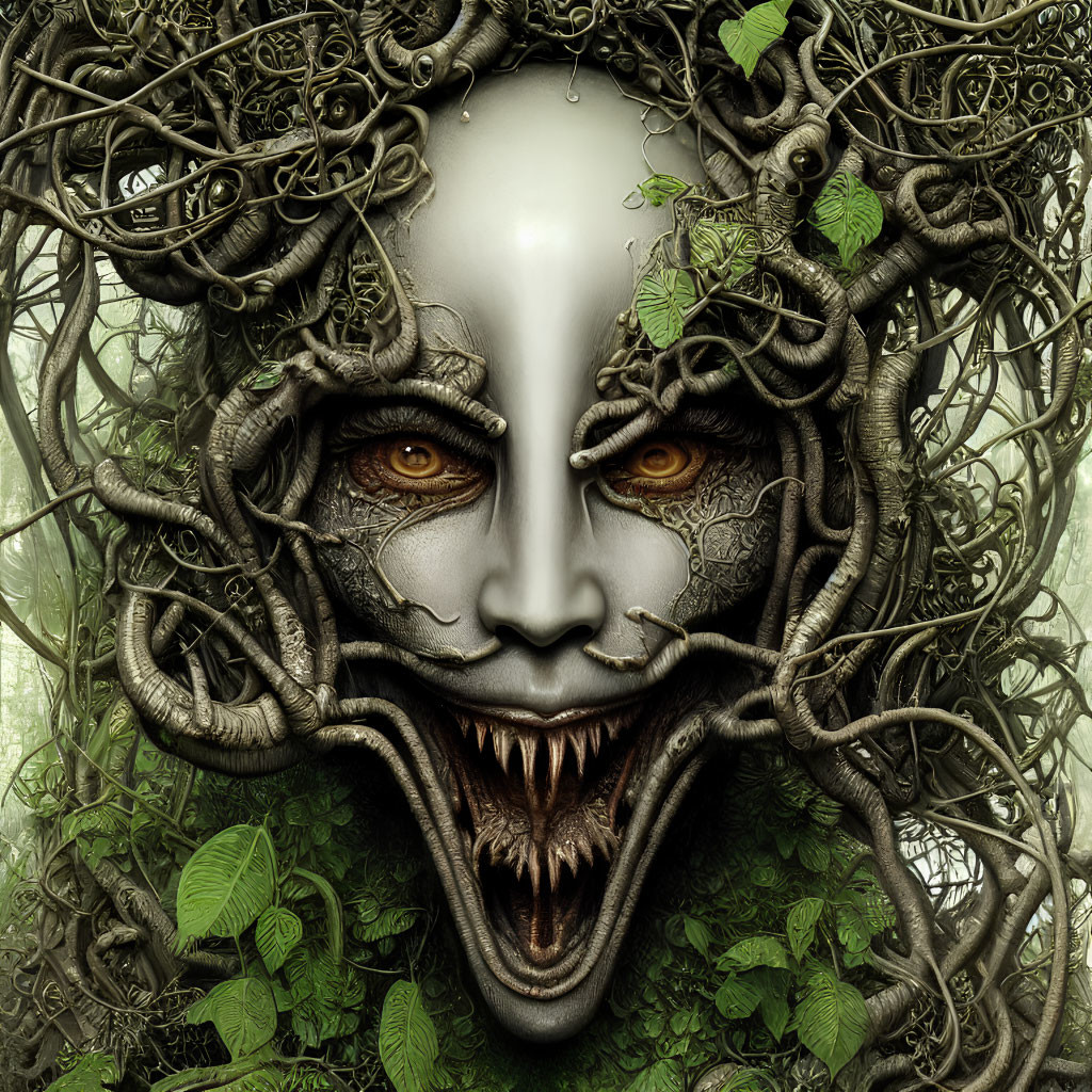 Surreal face with intense eyes, vines, and mechanical elements