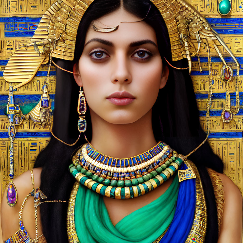 Ancient Egyptian woman in royal attire with golden headdress and blue shawl