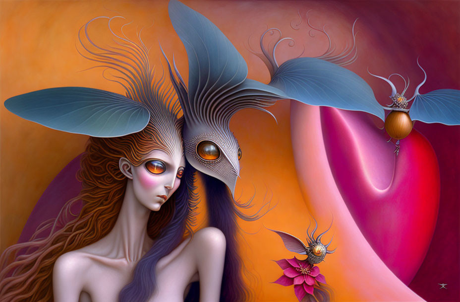 Surreal painting of woman with elongated features and bird-like mask beside stylized heart on warm