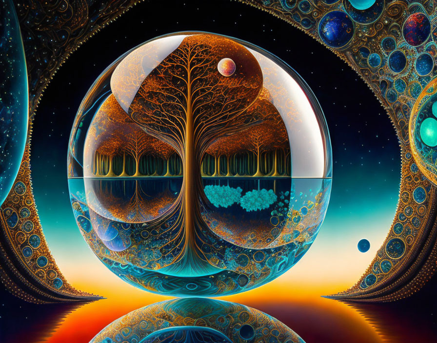 Vibrant tree in sphere with fractal patterns and celestial bodies