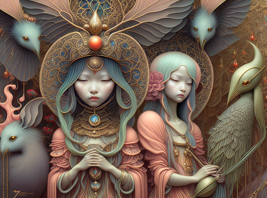 Ethereal female figures with elaborate headdresses among stylized peacocks