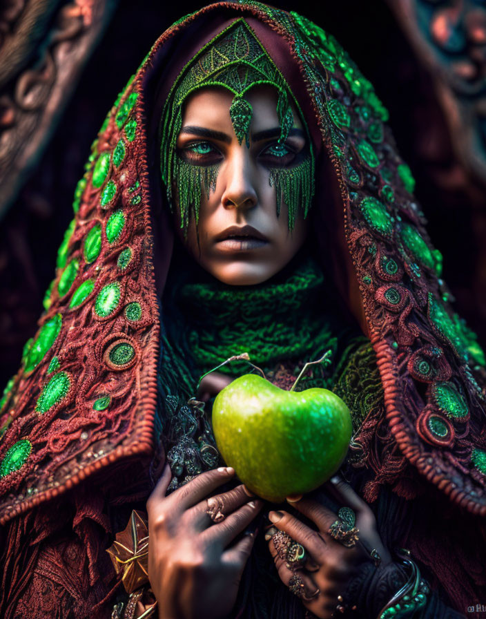 Elaborate red and green attire with peacock feather designs and green face paint, holding a green