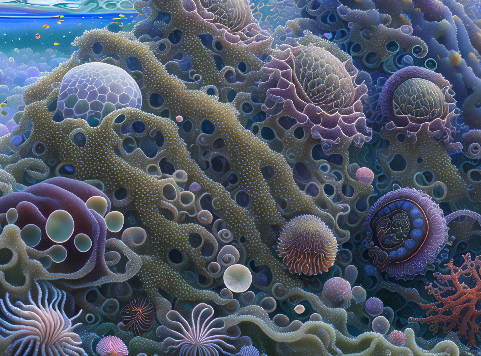 Colorful Stylized Corals and Sea Anemones in Underwater Scene