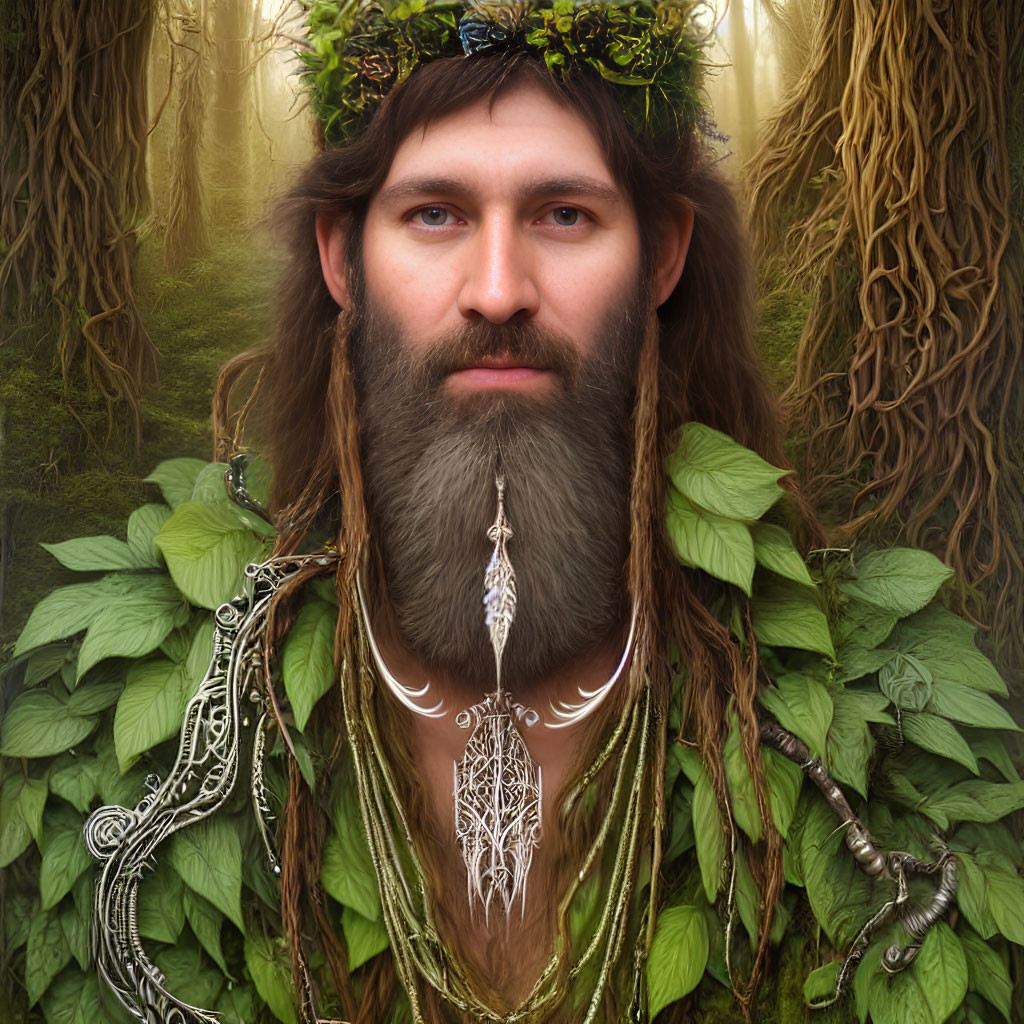 Bearded man with leafy crown and forest backdrop