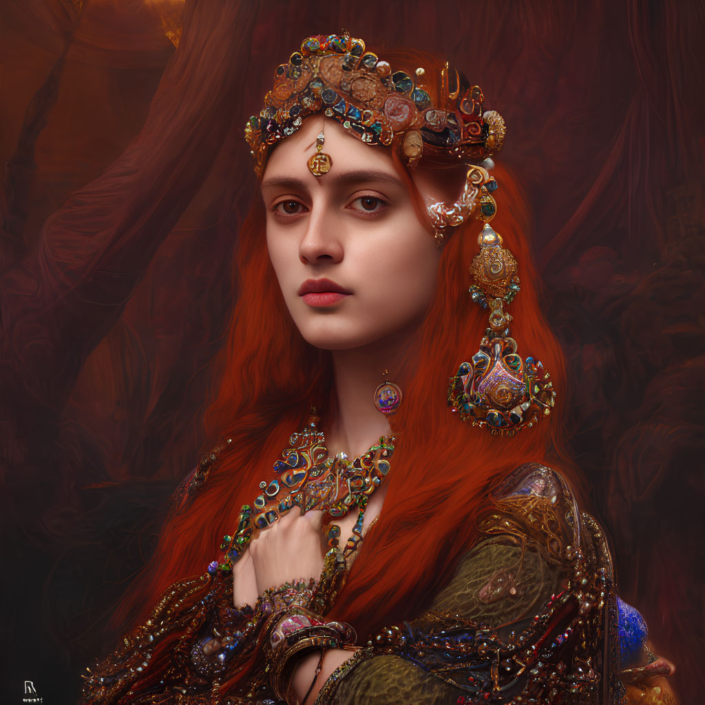 Portrait of Woman with Red Hair in Jewel-Encrusted Crown and Ornate Clothing