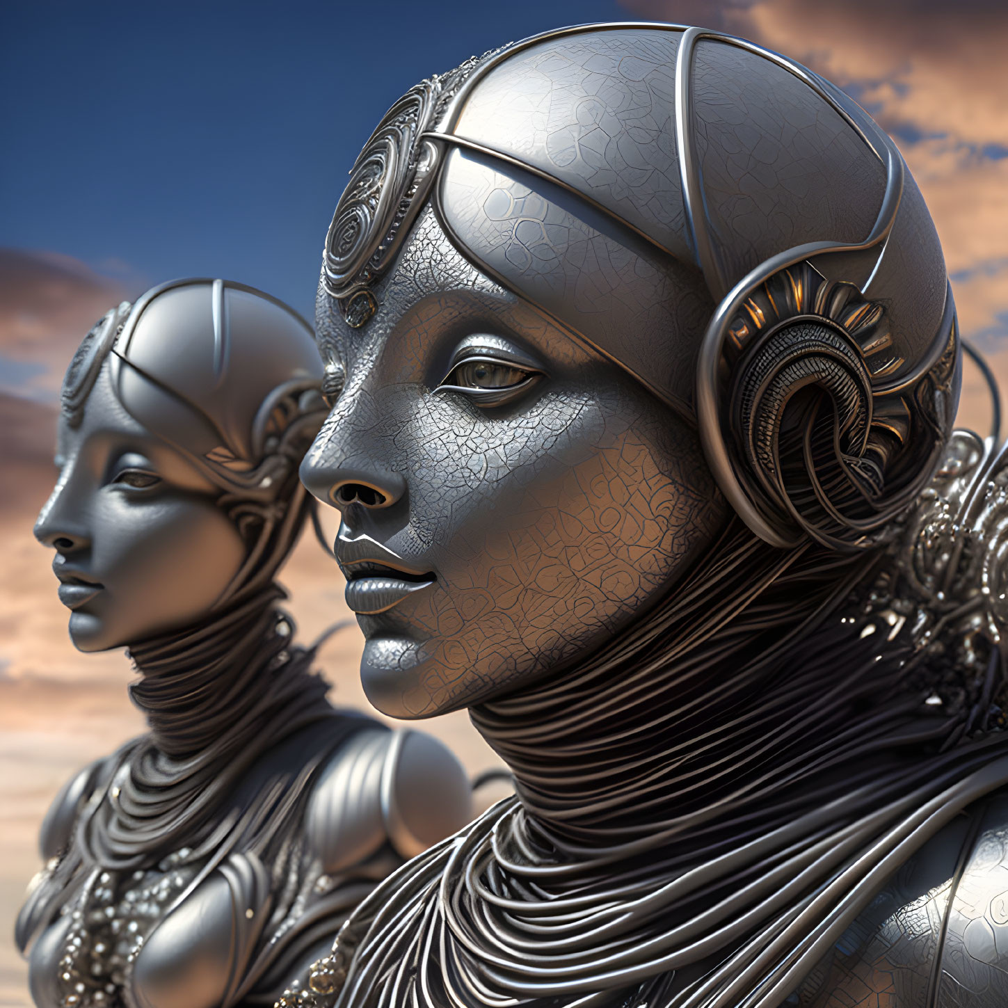 Detailed Metallic Female Android Heads Against Cloudy Sky