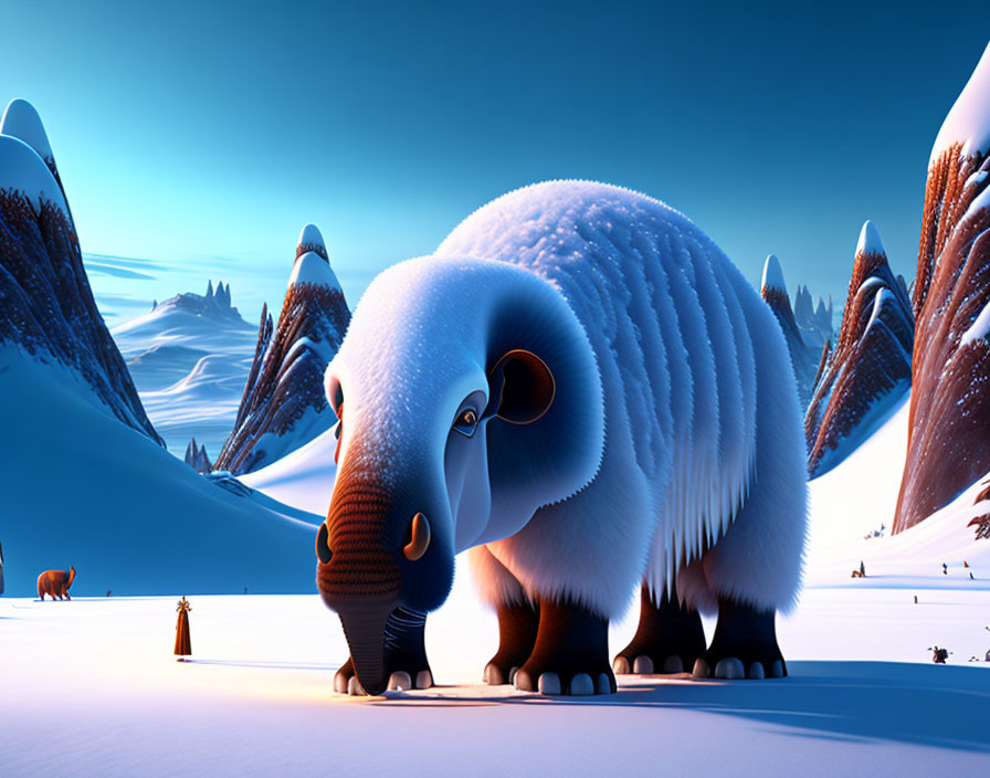 Stylized mammoth in snowy landscape with mountains