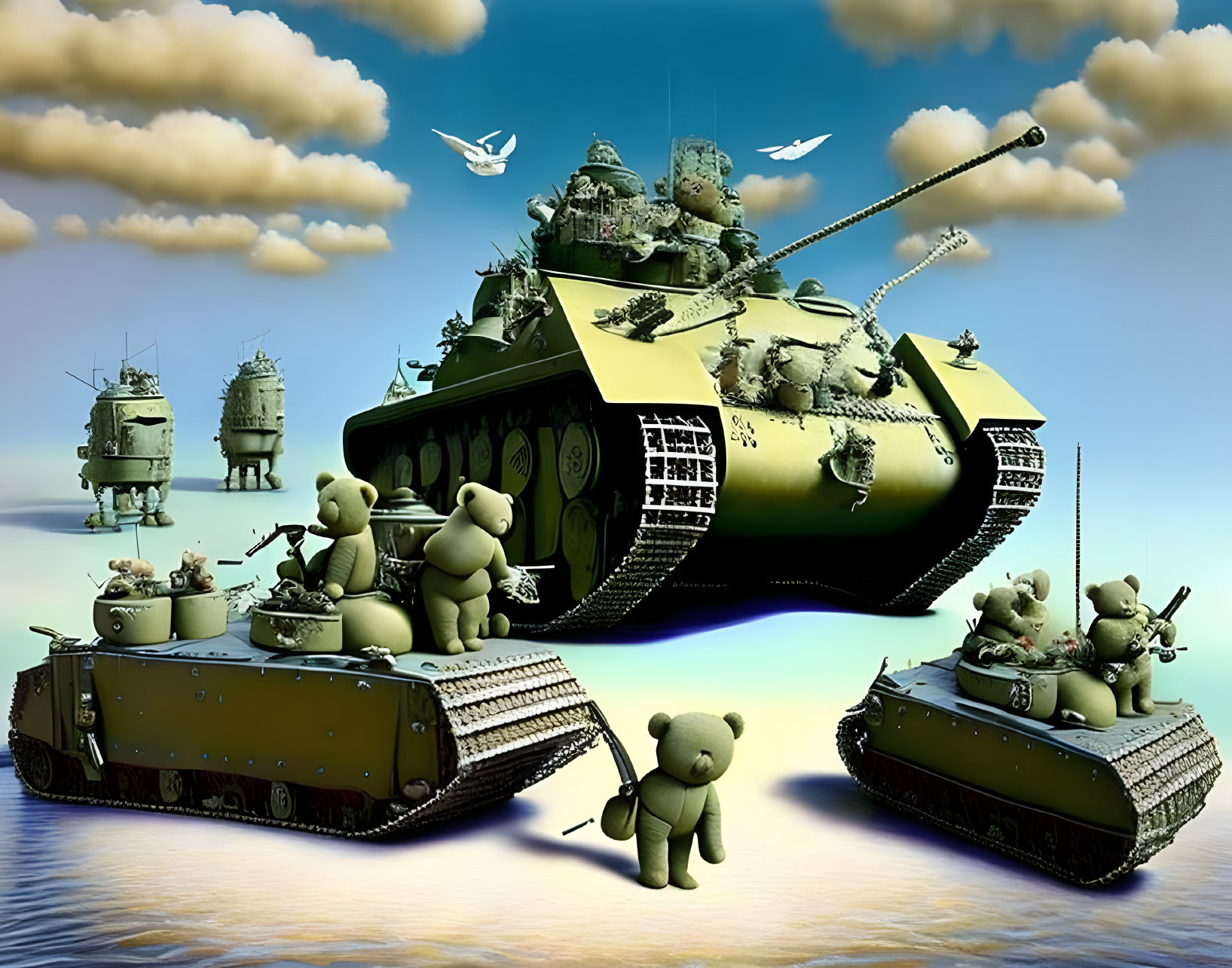 Surreal teddy bear tank art on reflective surface with cloudy sky