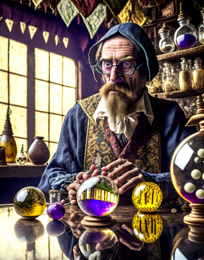 Man in historical attire gazes among colorful glass orbs on wooden table