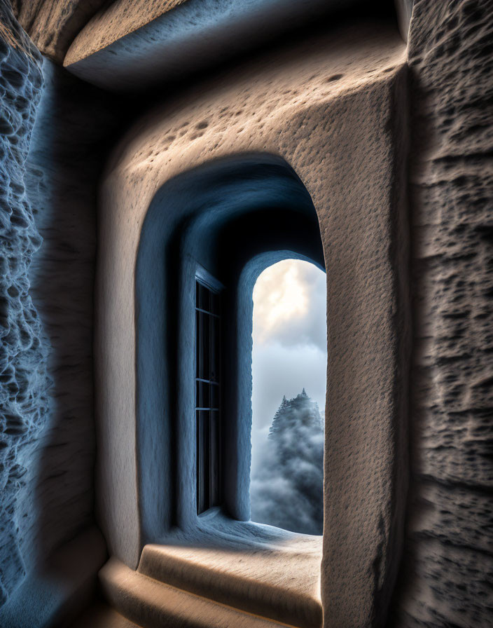 Stone window alcove overlooking cloudy sky and distant spire with shadows and light play.