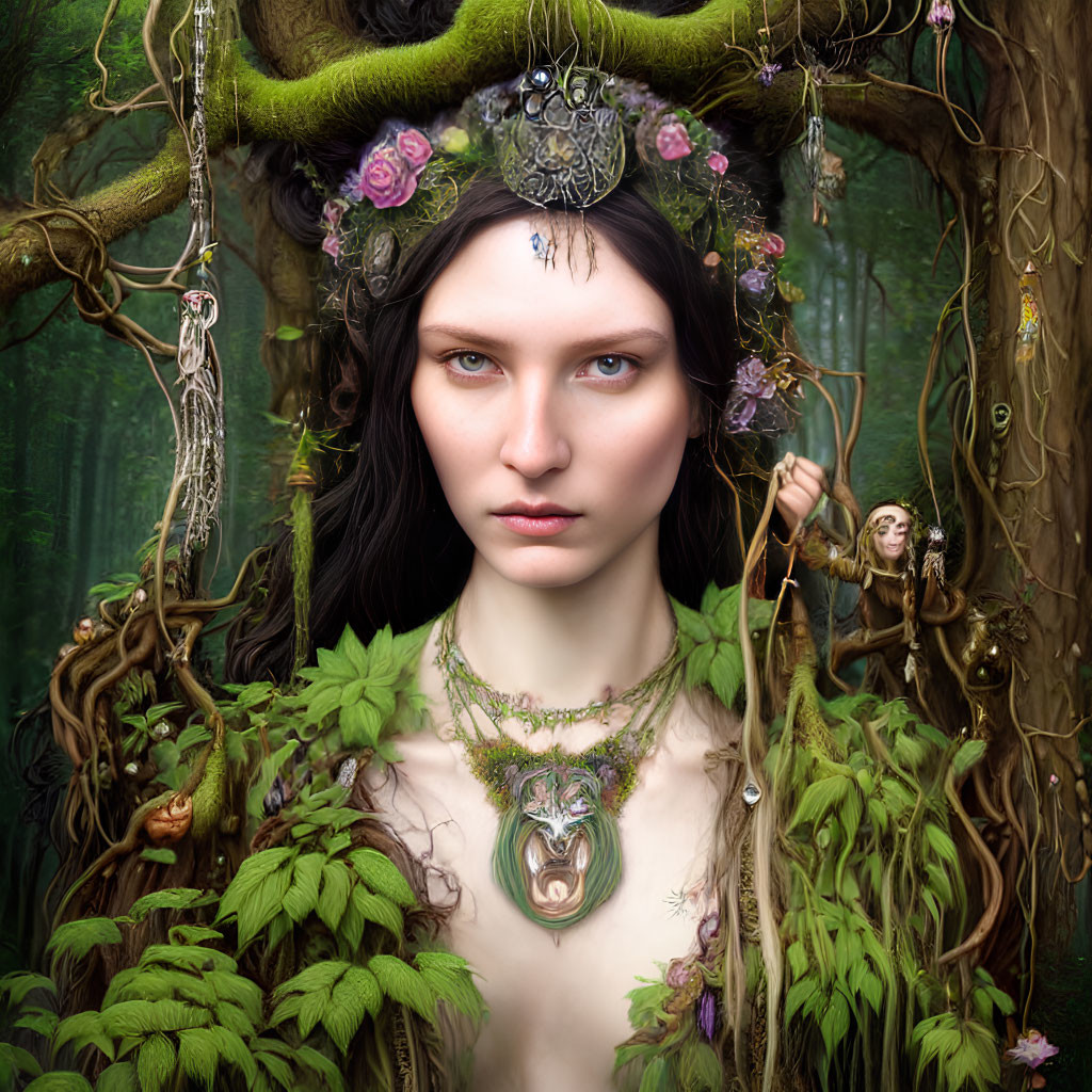 Enchanted forest scene with woman in leafy attire and fairy companion