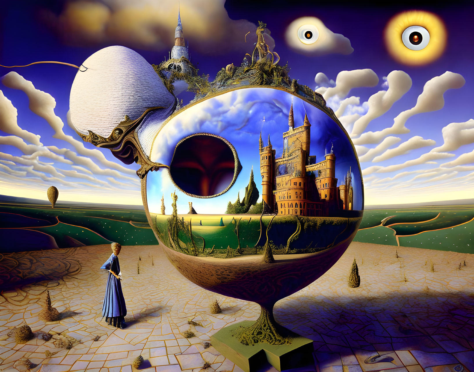 Surreal landscape with woman, orb, castle, eyes, and cracked egg church