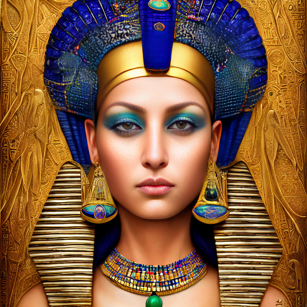 Digital Artwork: Cleopatra Styled with Elaborate Egyptian Headdress