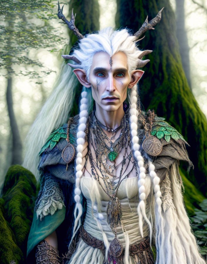 Pointy-eared elf with white hair in forest-themed attire among trees