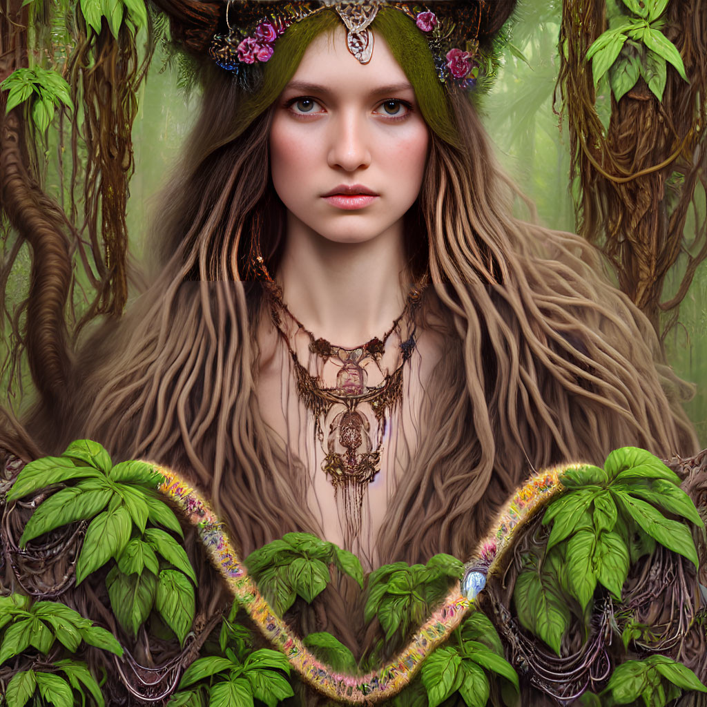 Woman with forest-themed headdress and snake in lush foliage