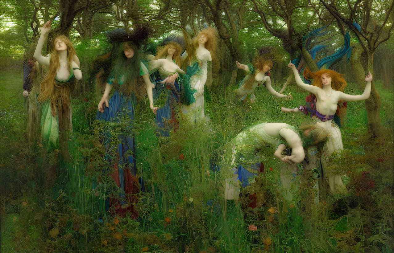 Ethereal women in flowing dresses in enchanted forest scene