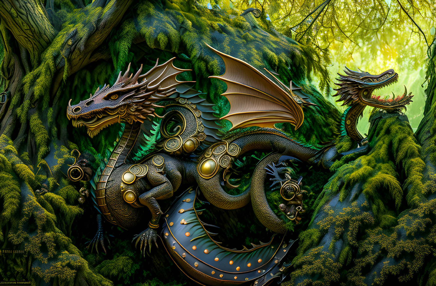 Majestic green and bronze dragon in lush forest setting