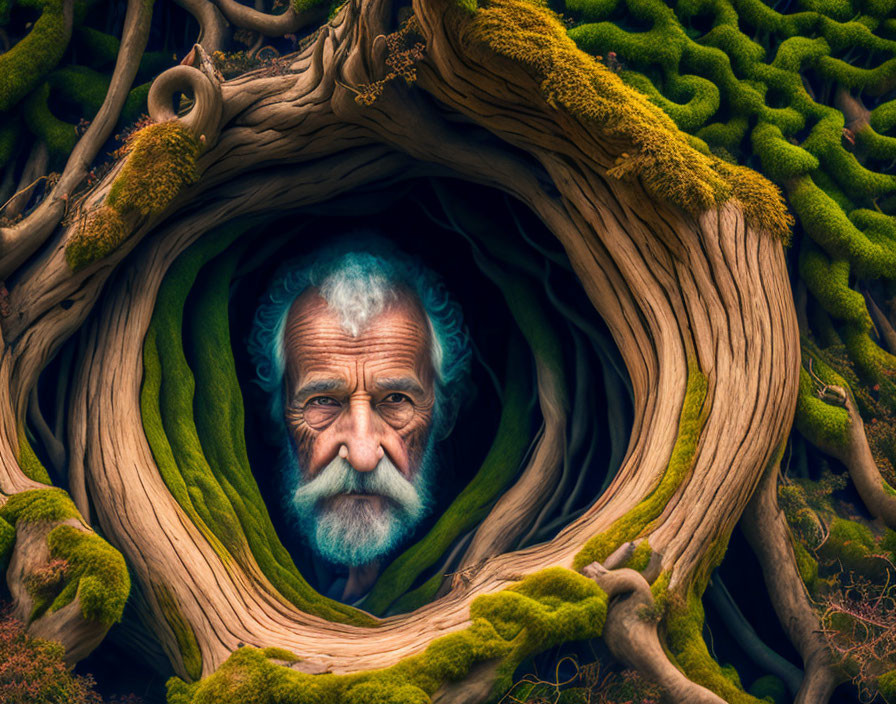 Serious elderly man gazes through circular opening in nature.