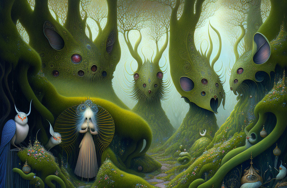 Fantastical forest with whimsical creatures and eye-like trees