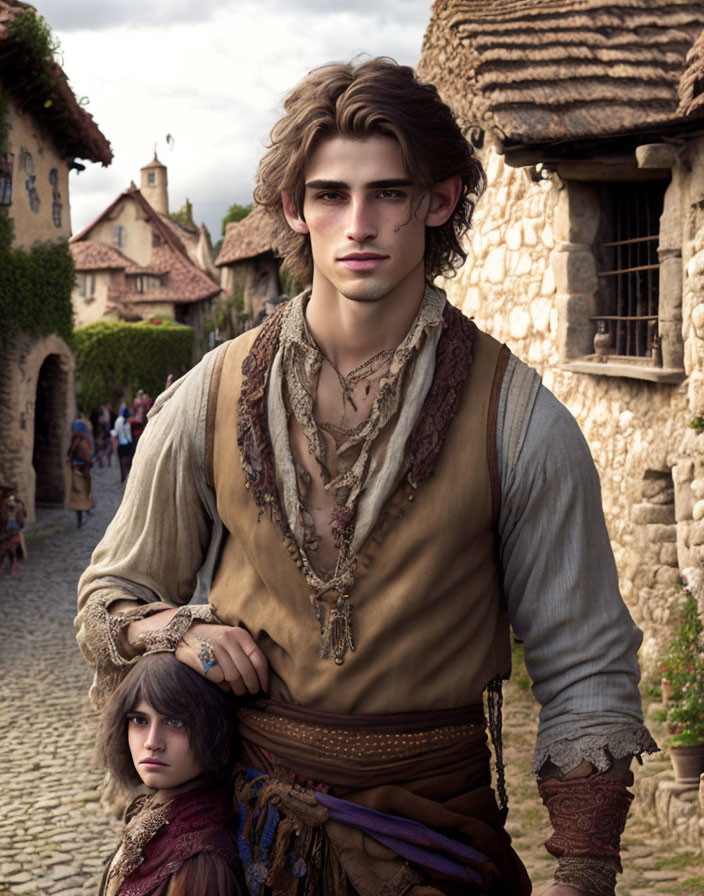 Medieval-themed digital artwork: young man with long hair guards child in village street