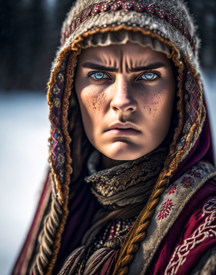 Person with Intense Blue Eyes and Freckles in Traditional Hooded Garment