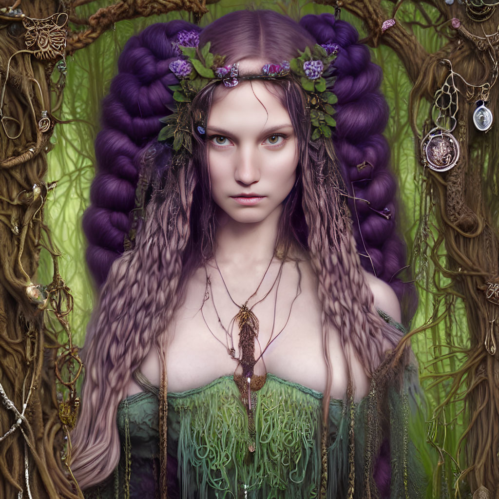 Mystical woman with purple braids in forest setting