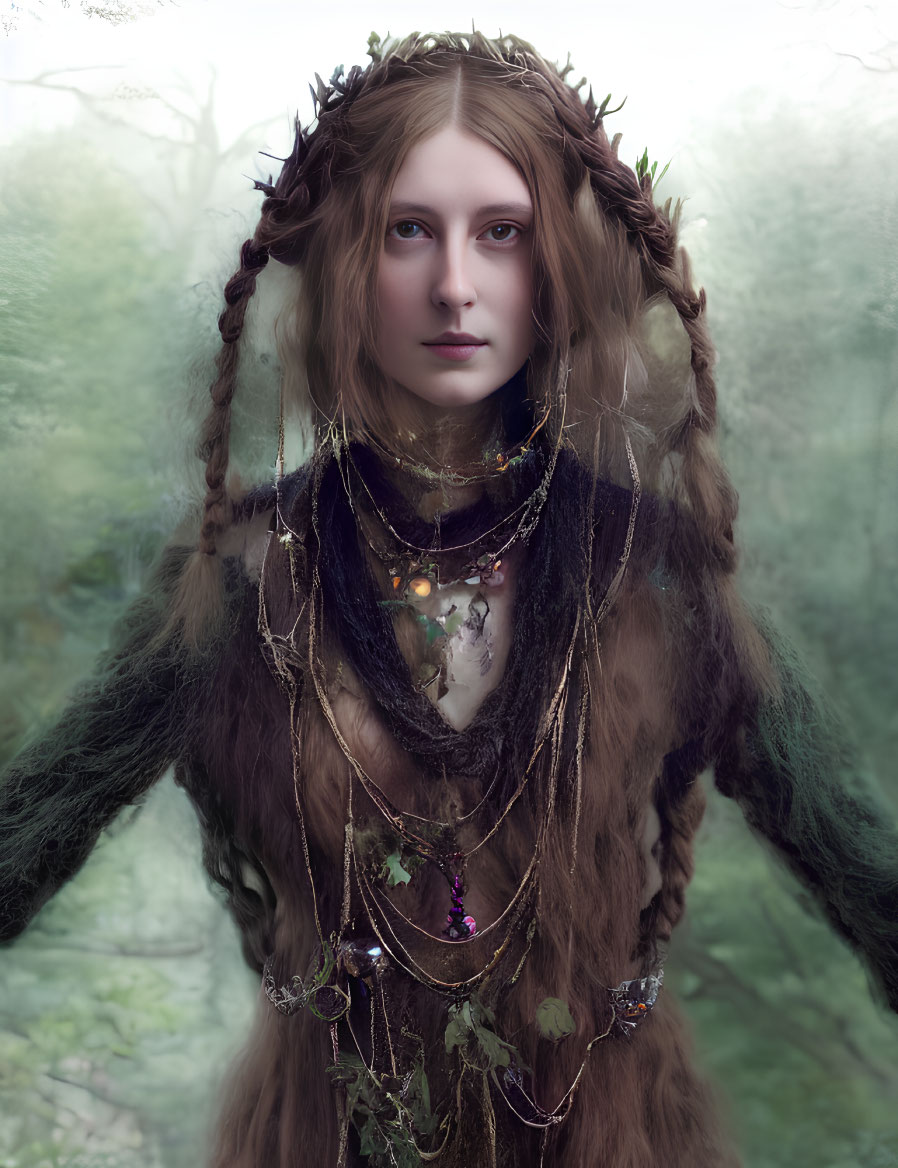 Mystical female figure with braided hair in foggy forest