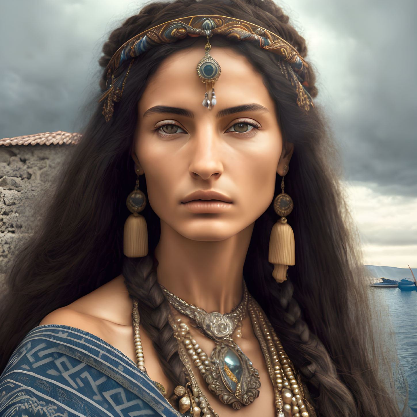 Digital artwork: Woman with tribal jewelry and tattoos against moody sky