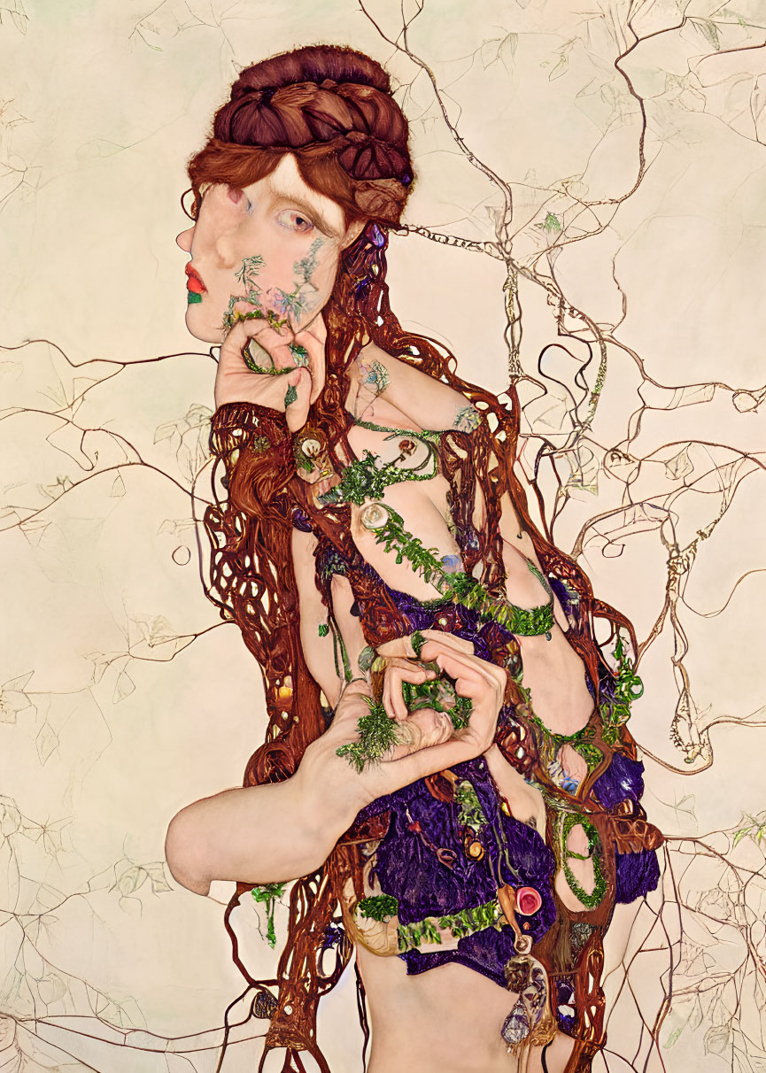 Person with Intertwined Vines and Flowers in Braided Hair, Cream Background