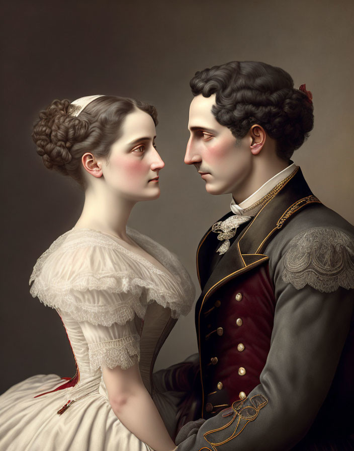 Victorian couple in period attire gazing at each other