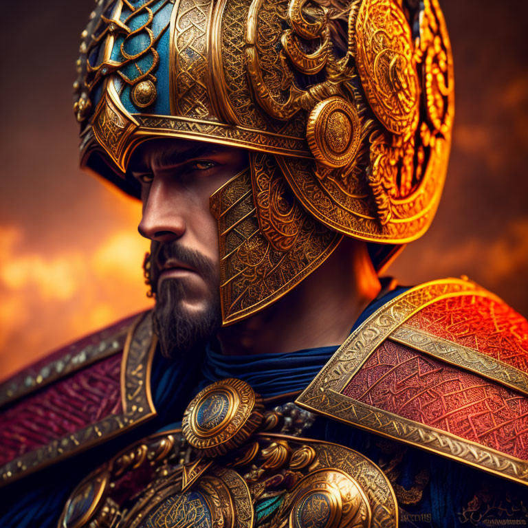 Detailed Bearded Man in Ornate Golden Helmet Against Fiery Sky