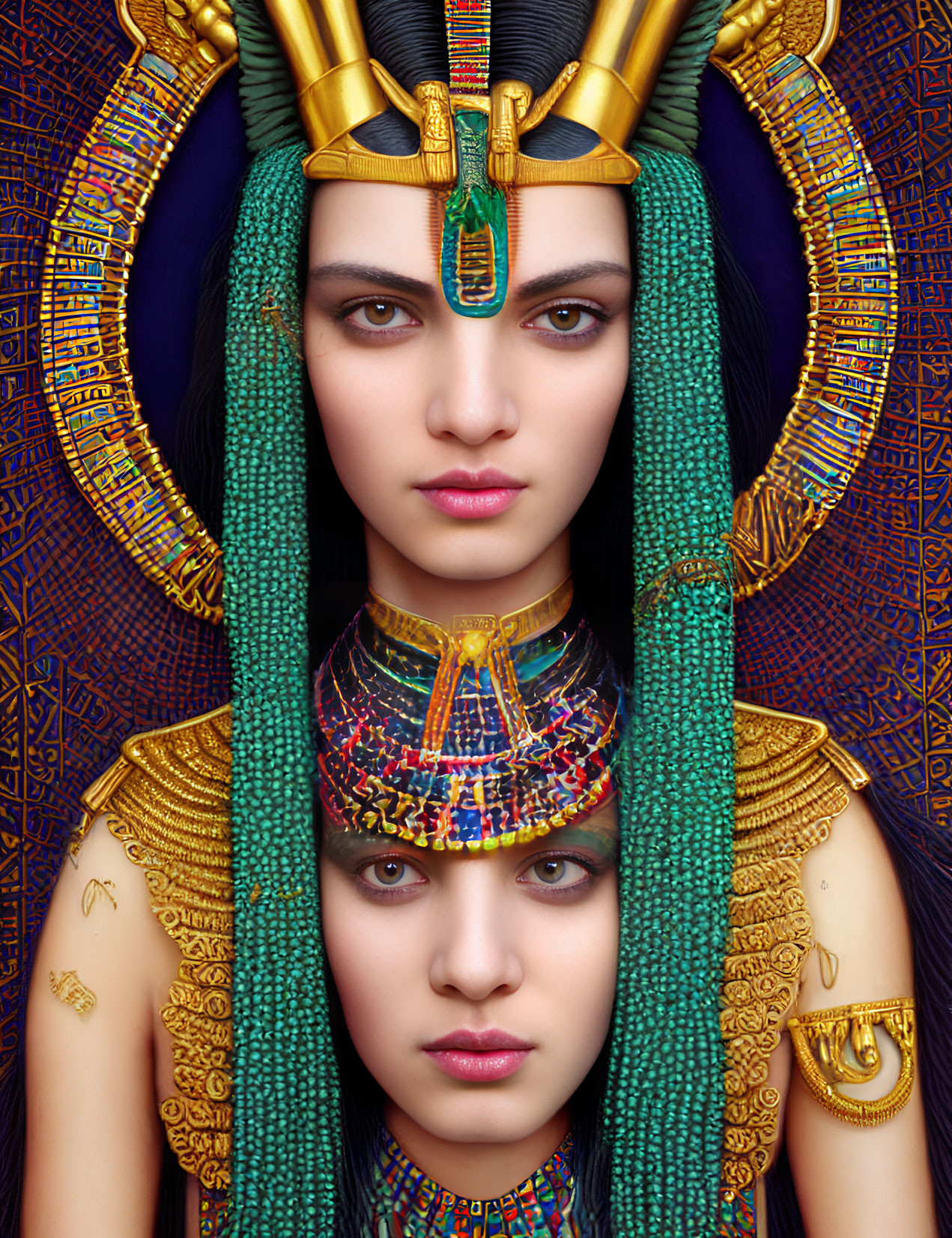 Elaborate Ancient Egyptian Headdresses and Jewelry on Two Women