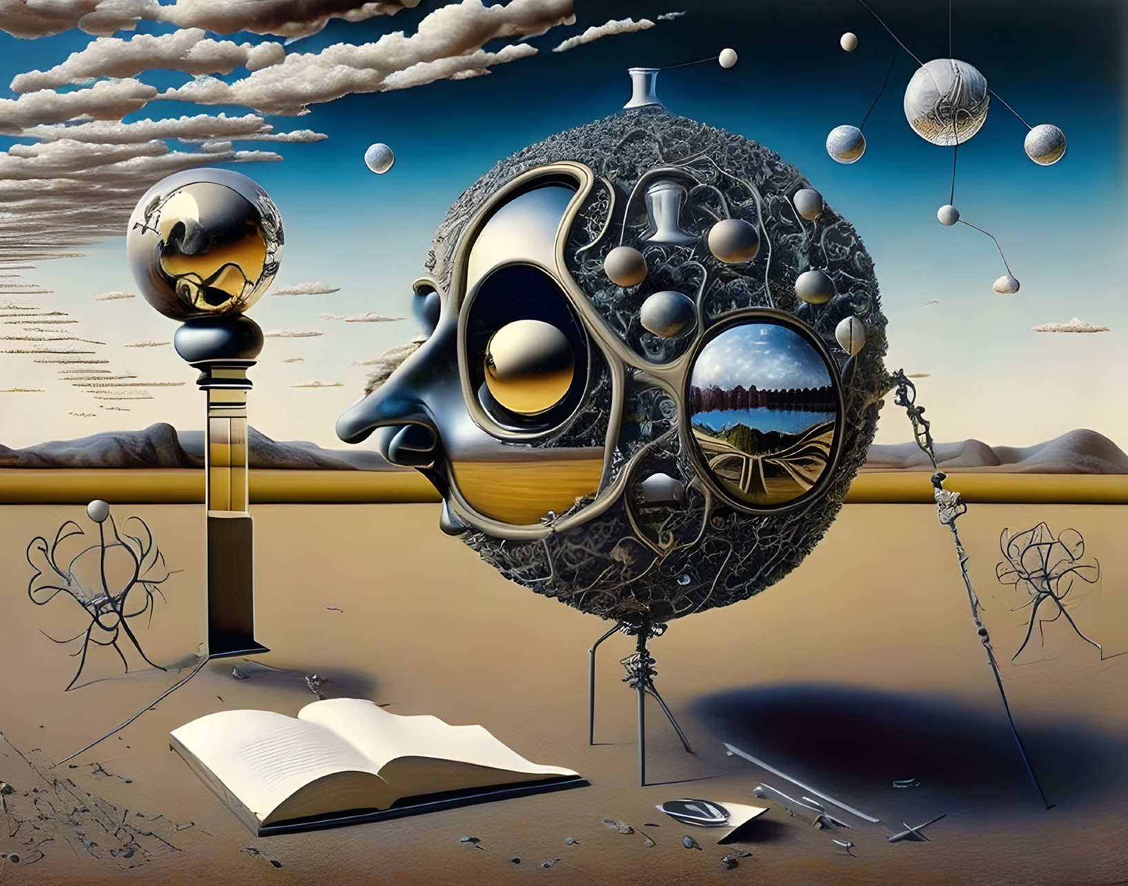 Surreal artwork with floating eye-like structure, reflective spheres, book, abstract figures in desert setting