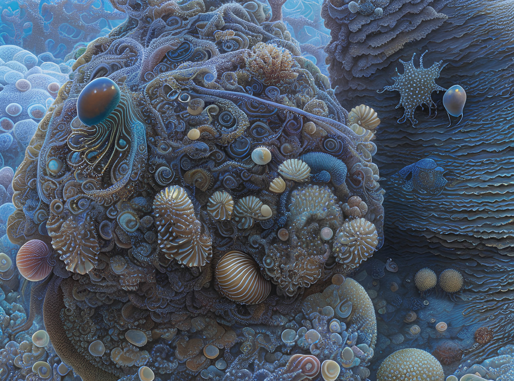 Abstract Fractal Art: Coral Reef Ecosystem in Blue and Brown