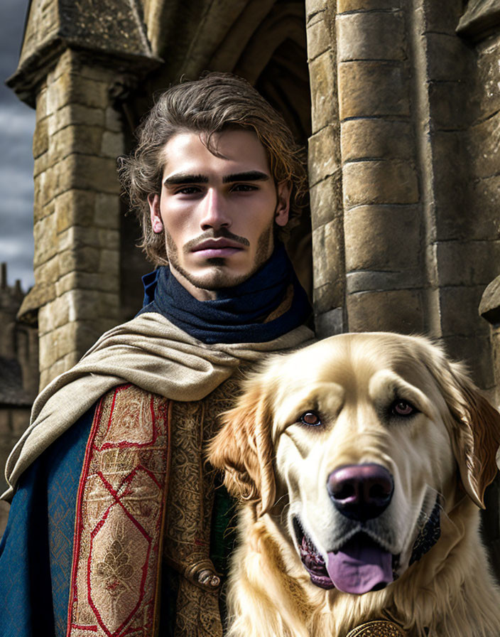 Medieval-themed portrait with young man and golden retriever in stone arch setting