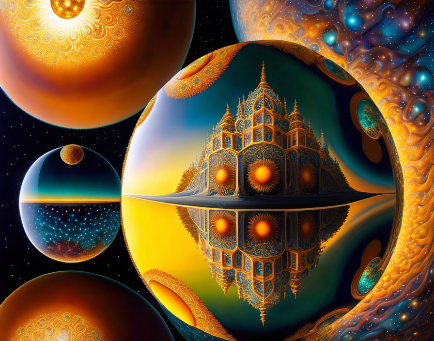 Ornate structures on reflective spheres in cosmic scene