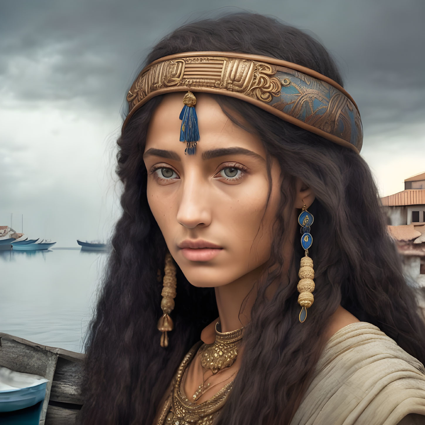 Traditional jewelry woman with ornate headband and braided hair by stormy skies.