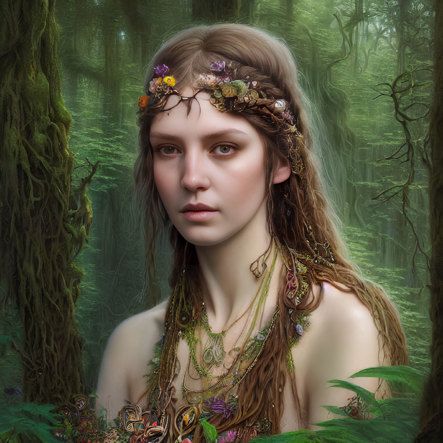 Woman with floral crown and necklaces in misty forest, thoughtful expression