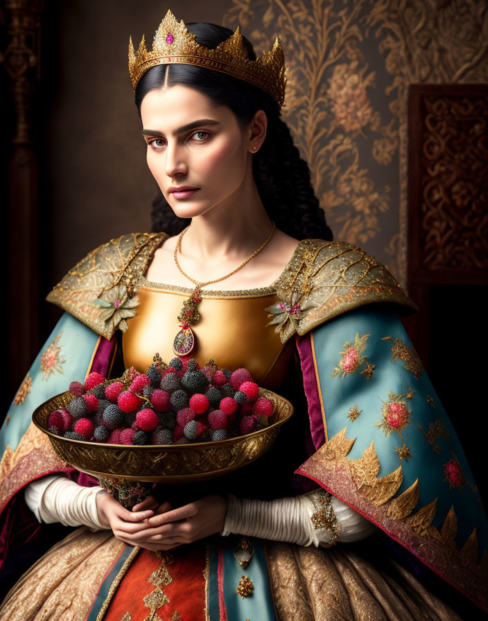 Regal woman in golden crown and blue dress holding berries on patterned backdrop