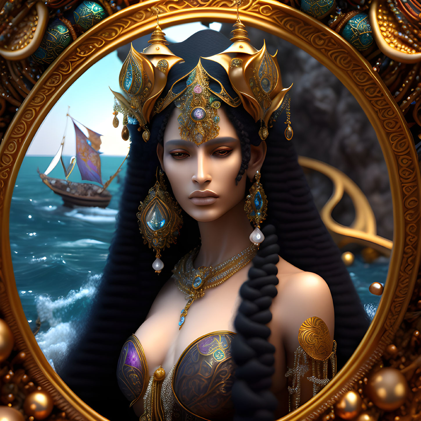 Elaborate Golden Headgear on Regal Woman with Ship and Sea